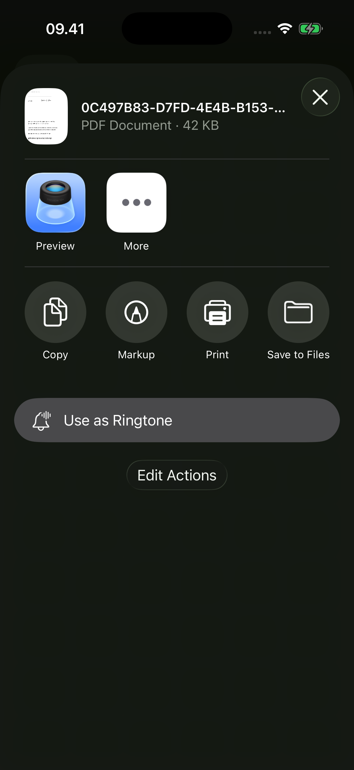 iOS share sheet for a clearly labeled AutoSign sample PDF, including Save to Files