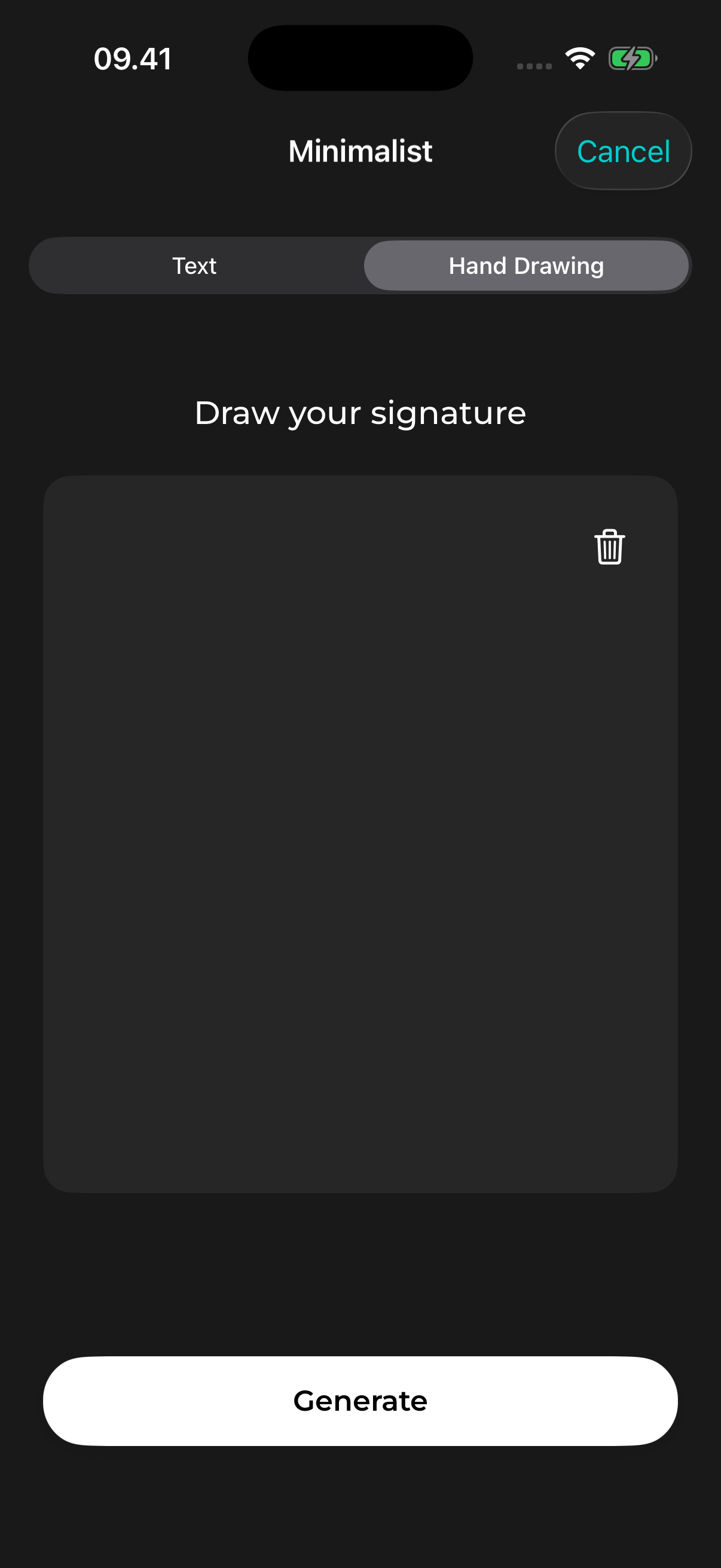 AutoSign Hand Drawing tab with a signature canvas, trash button and Generate control