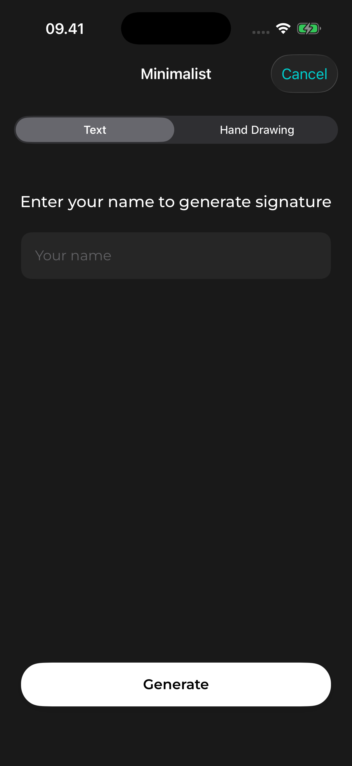 AutoSign Text screen with the Your name field and Generate button