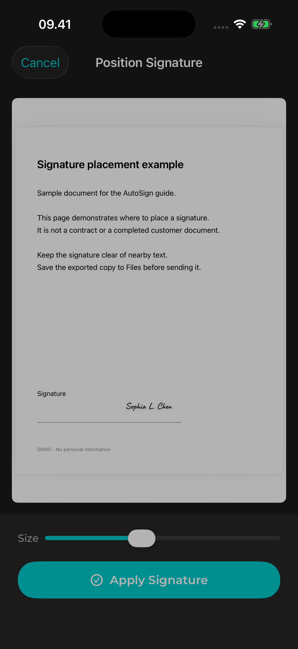 AutoSign Position Signature screen showing a sample PDF, signature placement, Size slider and Apply Signature button