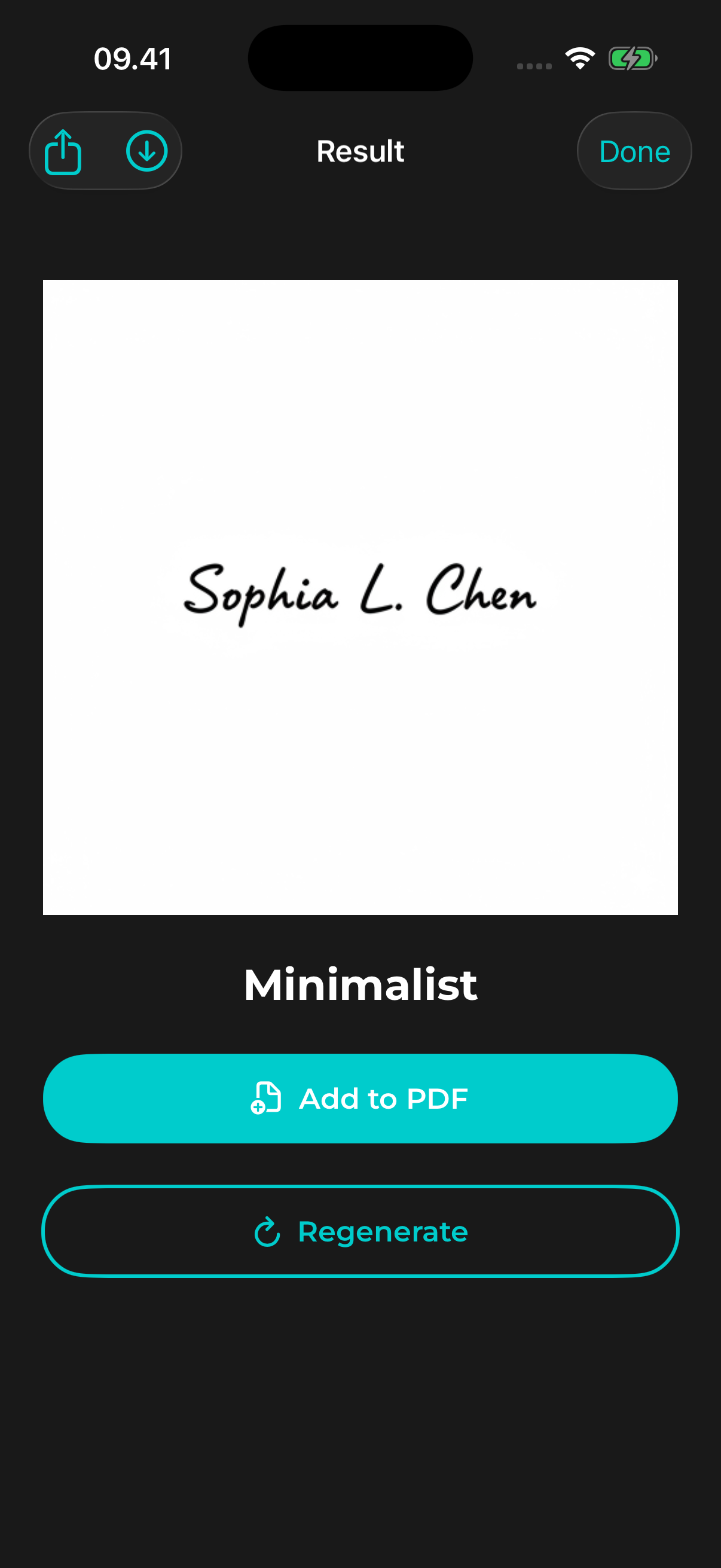 AutoSign signature result with share icon, download icon and Done button