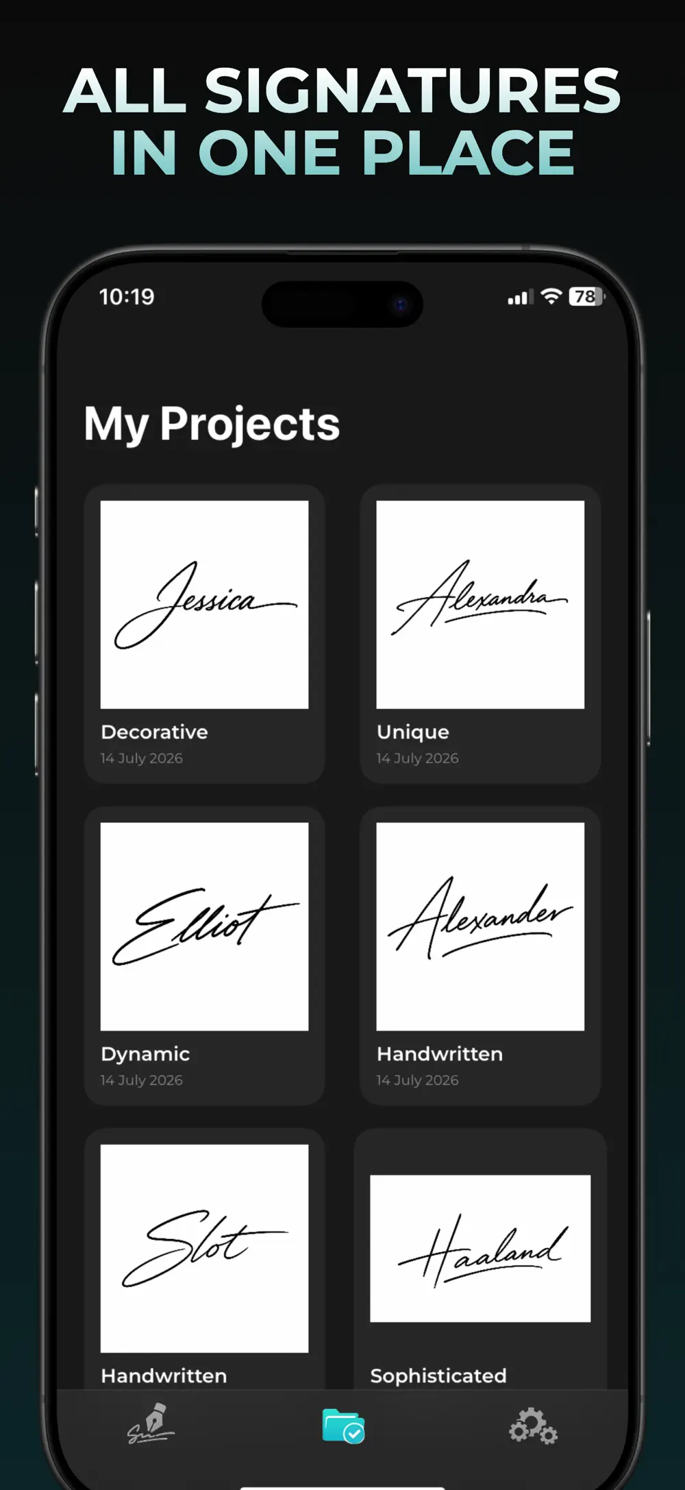 My Projects showing saved signature designs