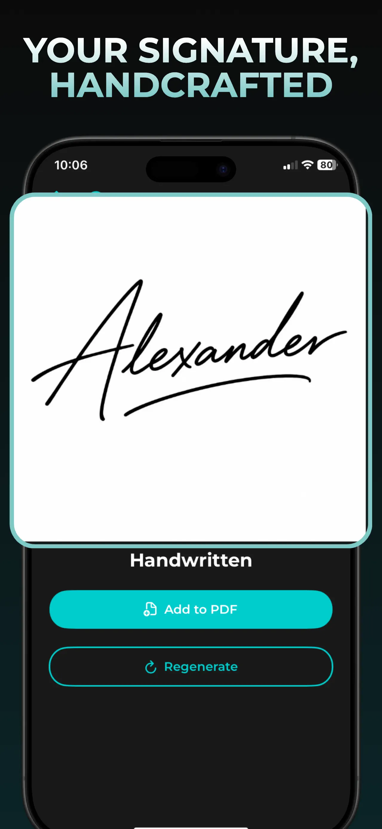 App Store screenshot showing a handwritten signature in AutoSign's preview screen