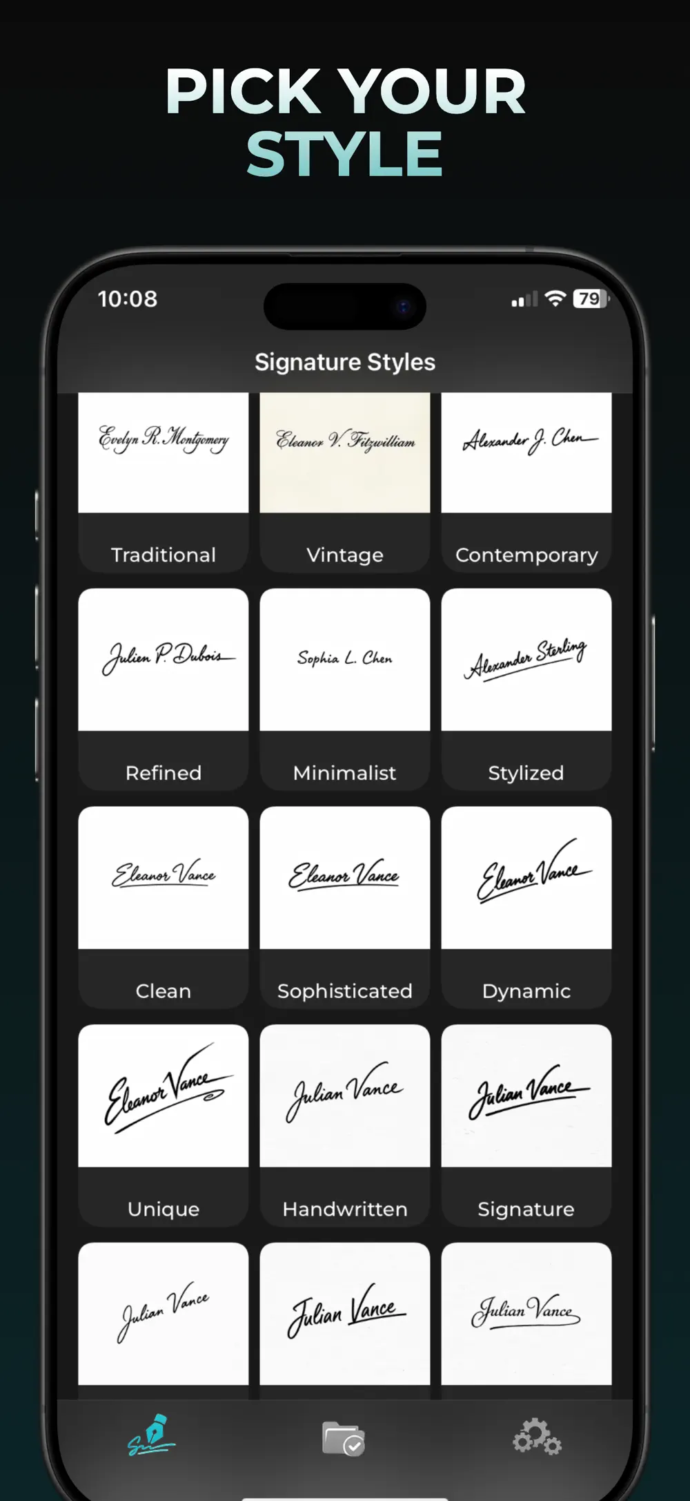 Signature Styles grid including Traditional, Vintage, Minimalist and Clean